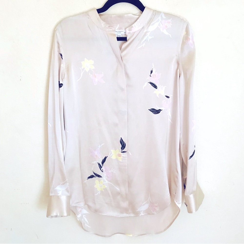 Equipment Silk Floral Blouse in Light Beige with Navy and Pastel Accents